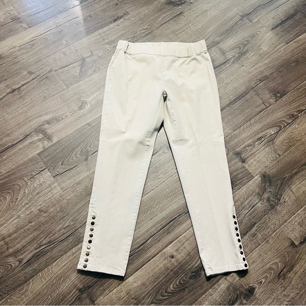 Soft Surrounding Super Stretch Ankle Pants Decorative Snaps Khaki Size Medium